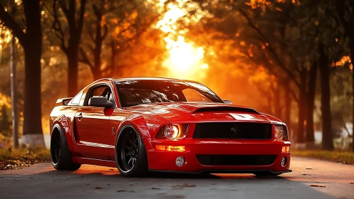 Red sports coupe is parked on a tree-lined road at sunset