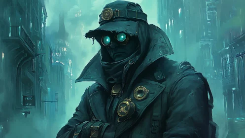 Fogwalker sentinel in teal-lit dystopian alleyway vigil.