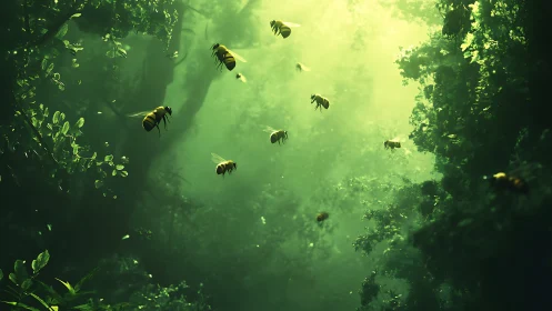 Forest sunbeams turn drifting bees into golden comets