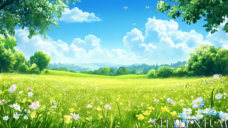 Sunlit wildflower meadow under cumulus cloud summer sky