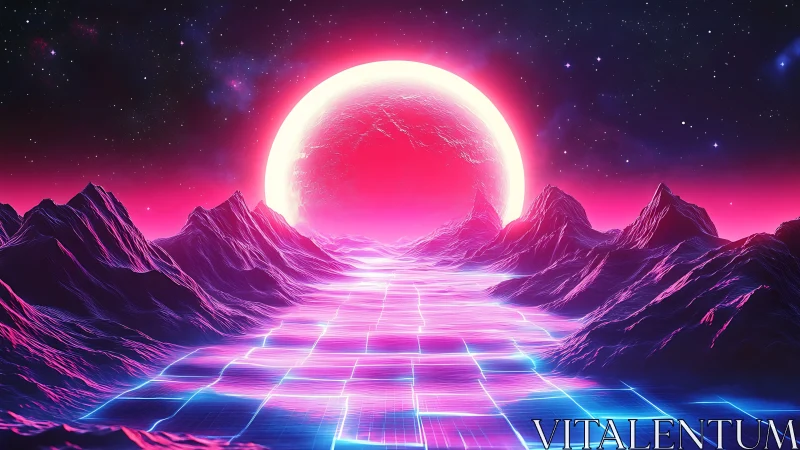 Neon voxel grid highway under oversized luminous horizon moon