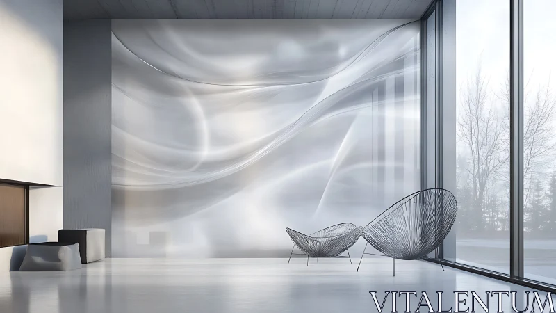 Minimalist interior with abstract wall and wireframe chairs.