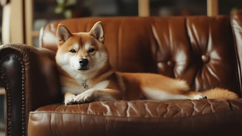 Shiba Inu calmly resting on worn brown leather sofa.