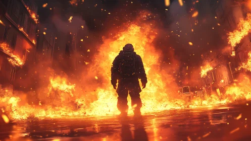 Armored figure walking through massive urban inferno.