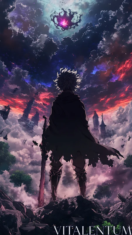 Cloaked figure surveys stormy sky with glowing portal above