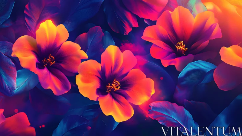 Neon hibiscus blossoms glow over deep indigo foliage