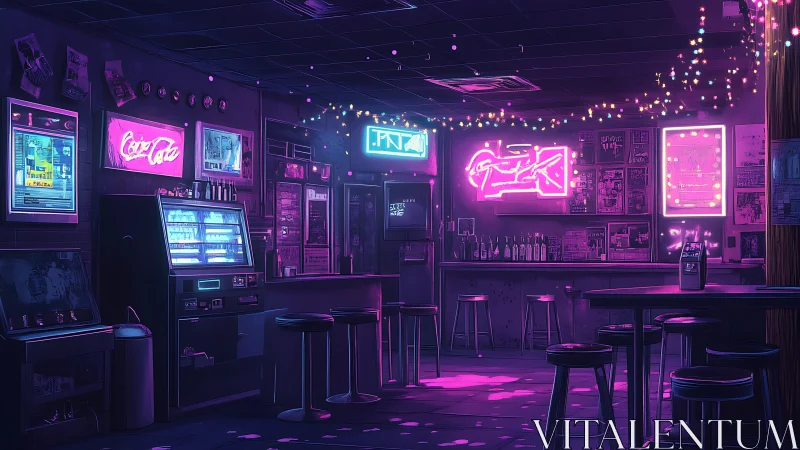 Neon lit retro bar interior with vending machine and stools at night