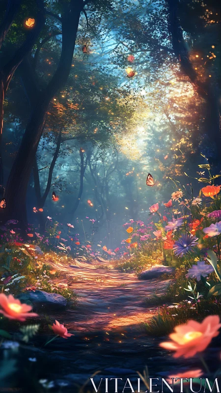 Luminous forest trail with volumetric light and floral scatter.