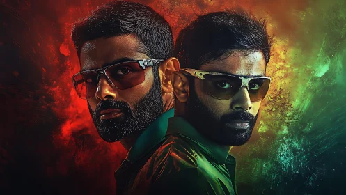 Dual portrait under red green smoke with bold neon glare.