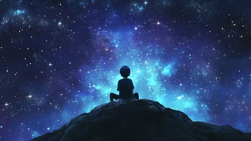 Child on starlit cliff gazes into deep cosmic expanse.