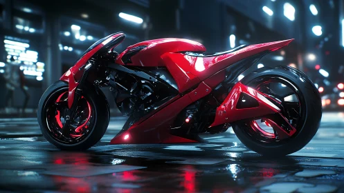 Futuristic red superbike on wet neon city street at night