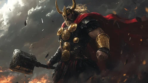 Stormcrowned warlord strides through embers with thunderous resolve