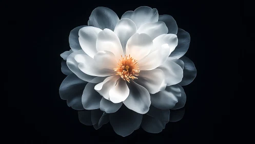Large White Peony Bloom with Golden Stamens on Black Background