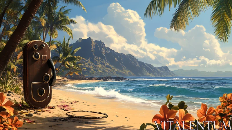 Vintage Camera on Tropical Beach with Mountain Backdrop. Digital Rendering.