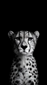 Monochrome cheetah portrait isolates facial symmetry on black