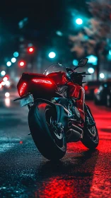 Neon-lit sport motorcycle stands over glossy city street night.