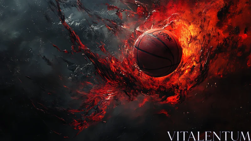 Fiery basketball erupts through swirling dark smoke vortex.