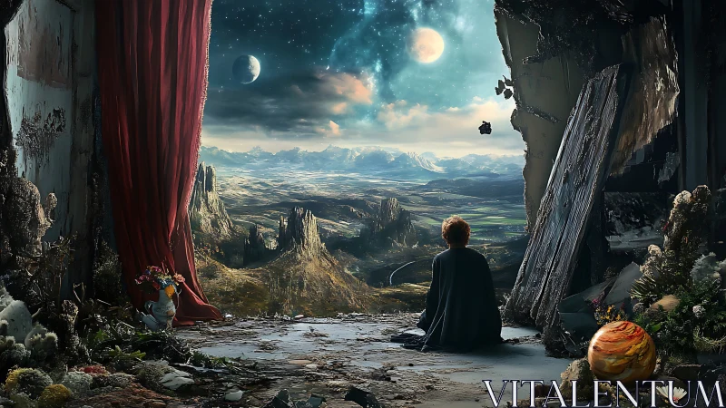 Stargazing wanderer quietly unwraps a backstage cosmos