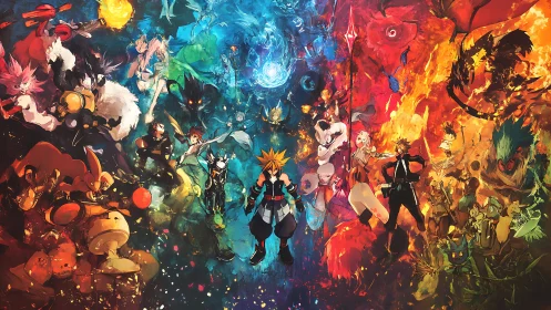 Central anime hero stands amid split elemental battle panorama