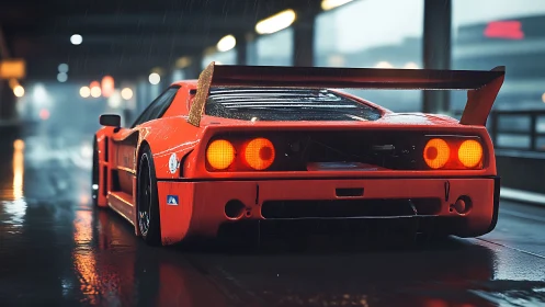 Red supercar waits in rainy city light, glowing taillights.