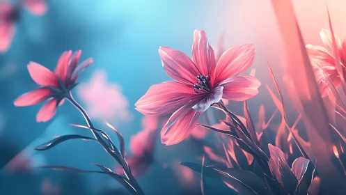 Neon dawn blossoms drifting through turquoise morning hush.