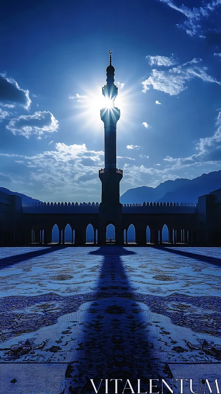 Sunlit mosque minaret rises over blue courtyard at dawn