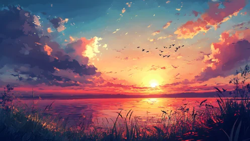 Vibrant digital sunset over tranquil lakeside horizon.