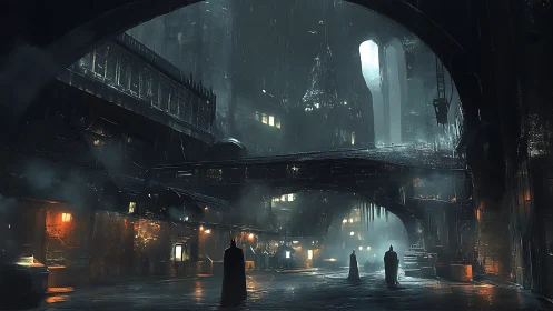 Moody rain soaked gothic city under looming arches at night.