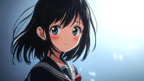 Soft backlit anime schoolgirl portrait with bokeh glow