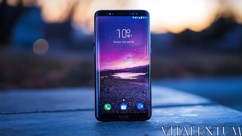 Smartphone with Purple Gradient Landscape Wallpaper.