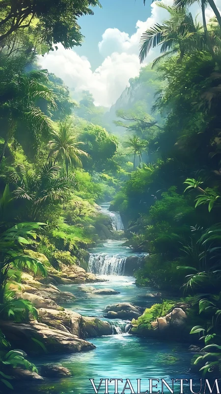 Emerald falls and sky-bright jungle river in quiet song.