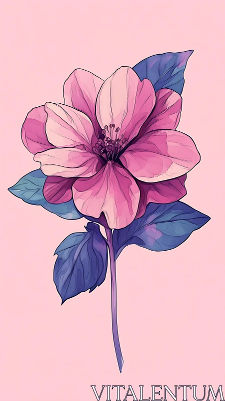 Pink Flower with Blue-Purple Foliage on Light Background.
