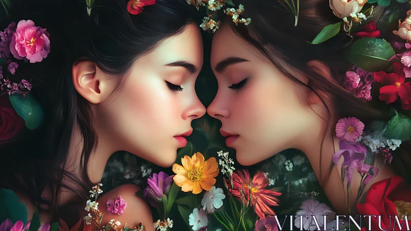 Mirror-symmetry floral portrait of dual female profiles.