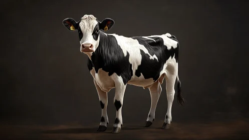 Photorealistic Holstein cow study on neutral studio ground.