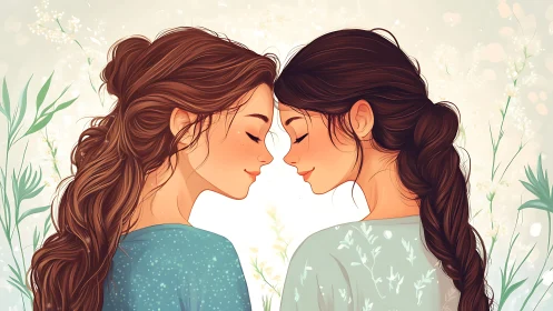 Two young women with closed eyes, soft pastel illustration style.