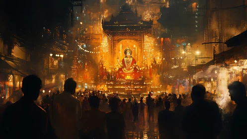 Urban night procession before illuminated deity shrine.