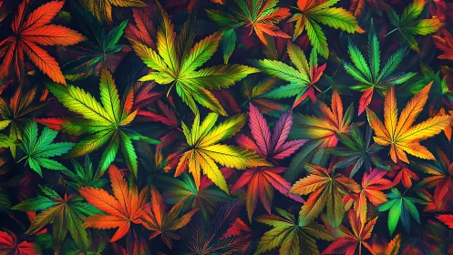 Colorful leaf collage in a joyful autumn rainbow pattern.