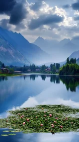 Mountain lake reflects storm clouds above distant valley
