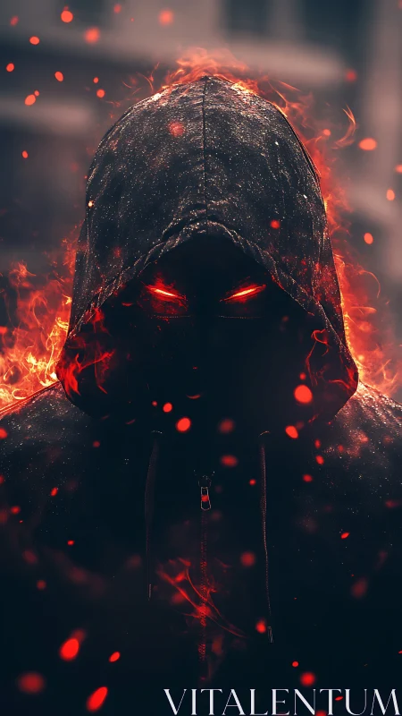 Hooded fire demon with glowing eyes in burning embers.