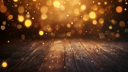 Golden bokeh lights drift above rustic wooden floor.