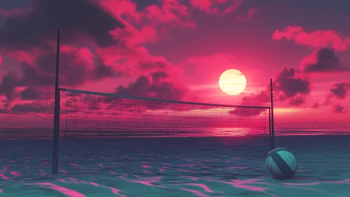 Neon pink dusk beach volleyball court with stylized sun and net