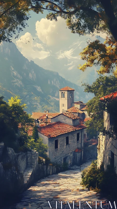 Mountain village street under warm afternoon light.