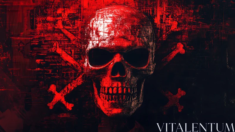 Red digital skull and crossbones on distressed dark field.