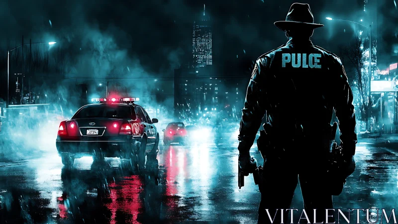 Police officer stands behind patrol car in foggy night street