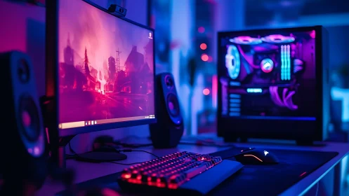 RGB-lit gaming PC desk with monitor and peripherals.