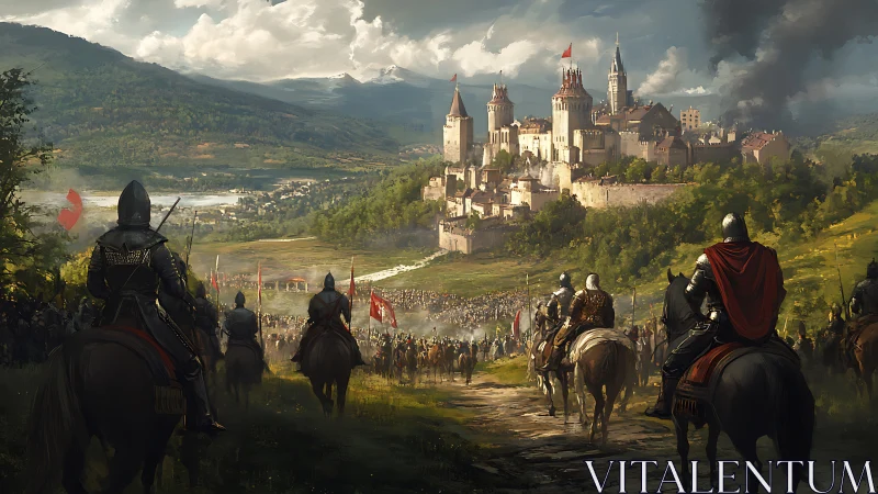 Medieval cavalry encircling a fortified highland castle at dawn.