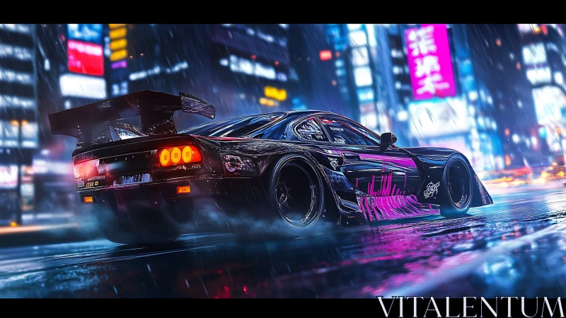 Modified sports car on wet neon city street at night.