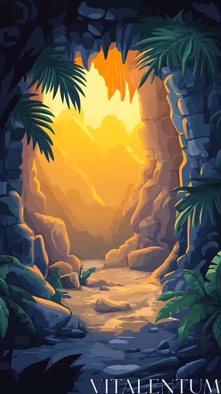 Sunlit jungle cave corridor with stylized rocky passageway