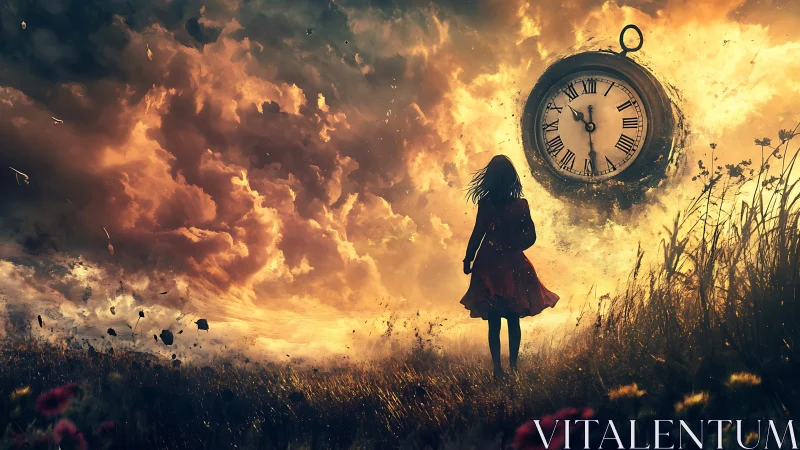 Girl gazes at burning sky while colossal clock dissolves in time.