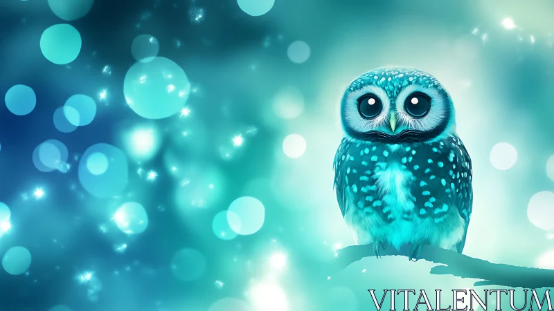 Adorable Blue Cartoon Owl on Glowing Bokeh Background Digital Art.